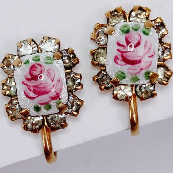 Vintage 1940s Guilloche Rose Rhinestone Gold Tone Screw Back Earrings Dainty - Picture 5 of 10